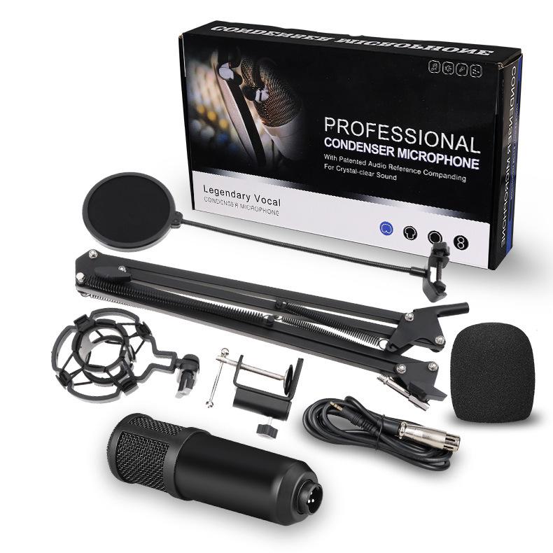 BM800 Condenser Microphone Set with V8 Sound Card, Boom Arm, and USB for Live Streaming and Mobile Use.