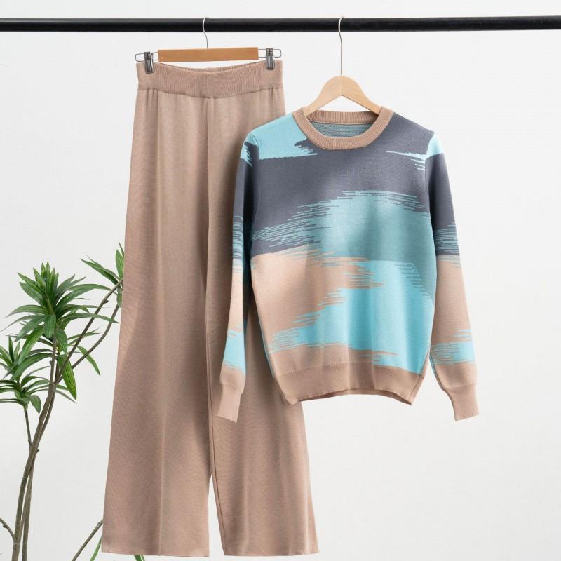 Korean All-matching Long-sleeved Sweater Contrasting Round Collar Pullover Loose Long Wide-leg Pants Fashionable Two-piece Suit