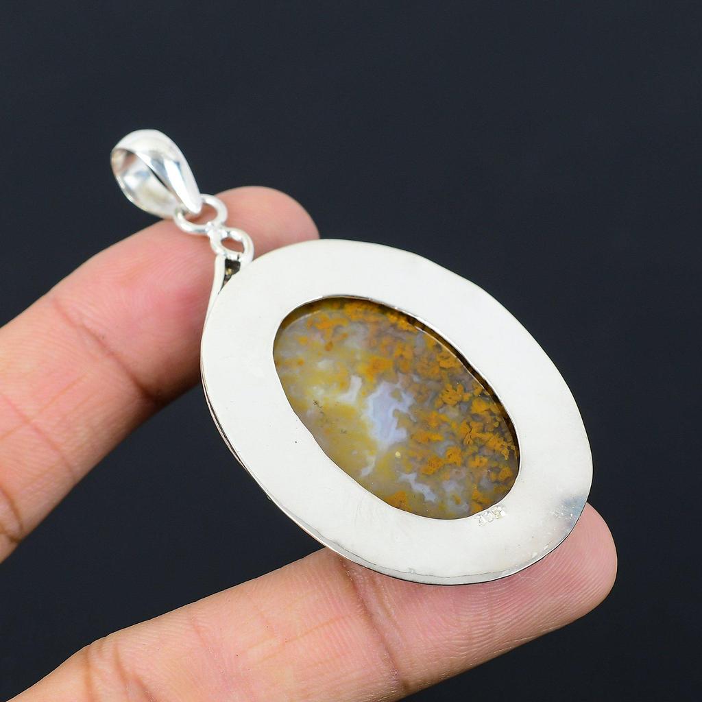 925 Sterling Silver Oval Natural Plume Agate Engagement Sister Pendant Jewelry