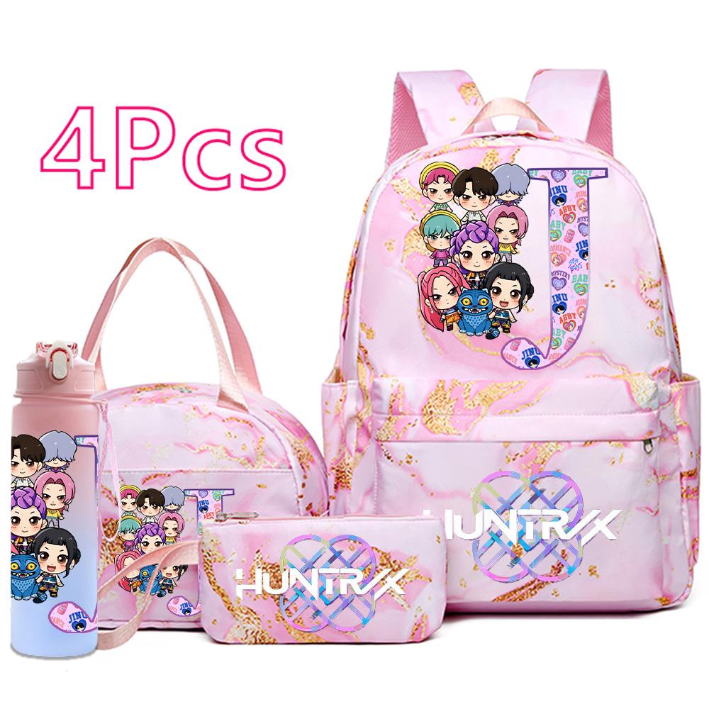 4Pcs/set Anime K-Pop Printed Backpack Handbag Pencil Case 750Ml Water Bottler for Teenager Boy Girl Schoolbag Large Capacity Bookbag Kid Gift Mochila