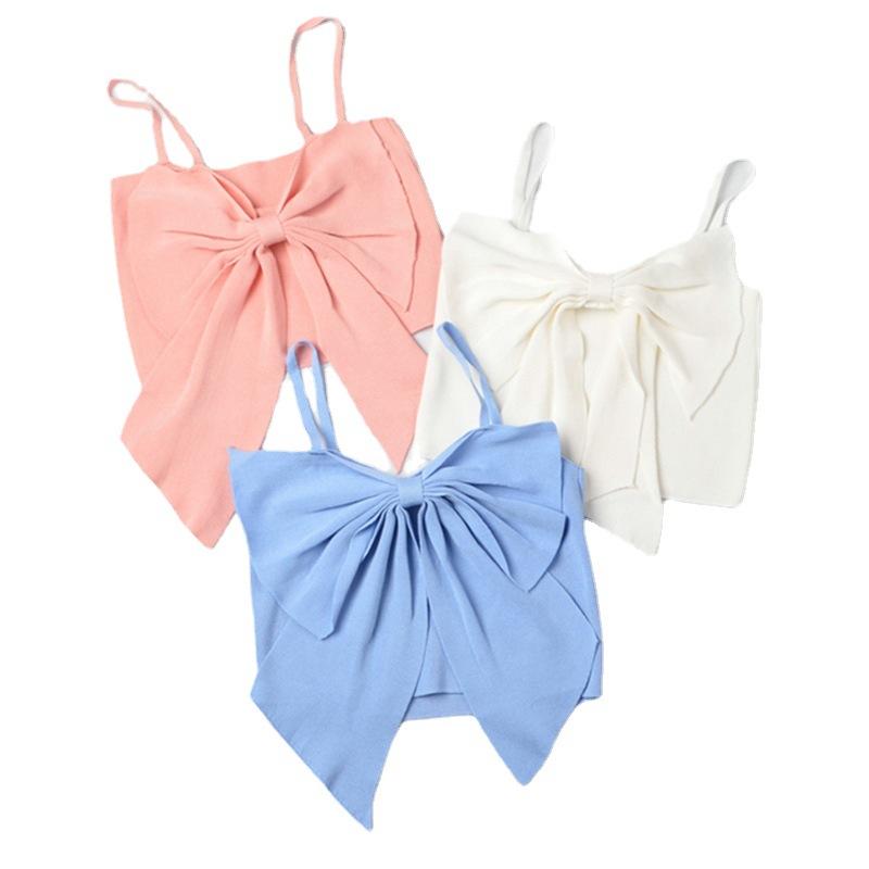 Women Solid Bow Irreguarl Crop Top Sleeveless Tees Knitted Slim Females Sexy Sweet Chic Slim Basic Kawaii Tanks Streetwear
