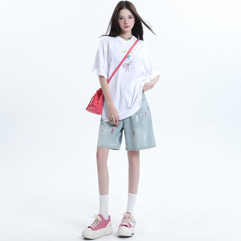 

Прямые джинсовые шорты цвета масла с рваностями для женщин. Новинка лета. С высокой посадкой, облегающие, с графичным дизайном, широкие штанины, пятиточечные миди-шорты XXL