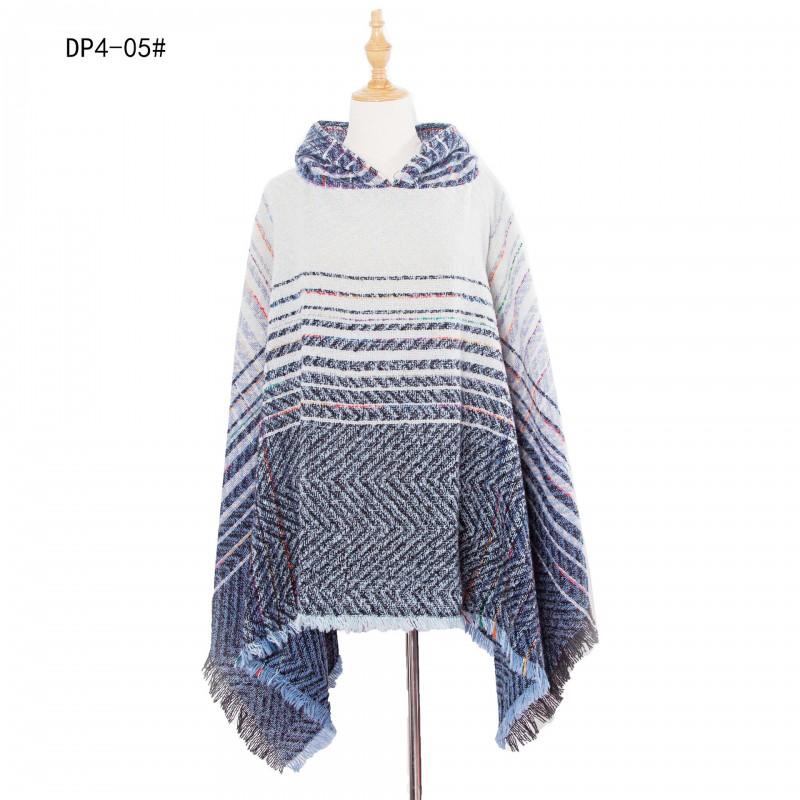 Womens Gradient Herringbone Circle Yarn Hooded Poncho Sweater Shawl Winter Fall Streetwear