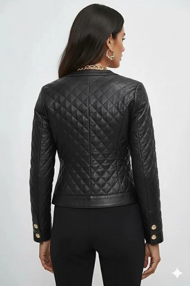 Black Genuine Lambskin Women's Quilted Casual Handmade Jacket Stylish Leather