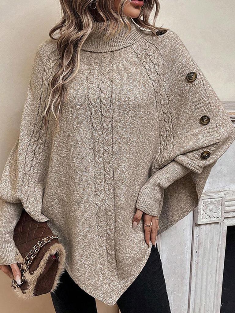 Autumn Winter New Knitted Sweater Women's Clothing, Cable Knit High Neck Button Long Sleeve Top