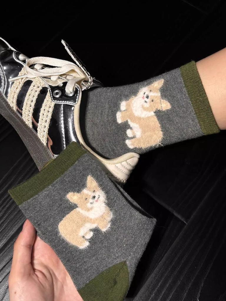 Autumn And Winter Brown Flocked Wool Medium Tube Socks Cute Color Matching Cartoon Dog Thickened Warm Stacking Socks Calf Socks