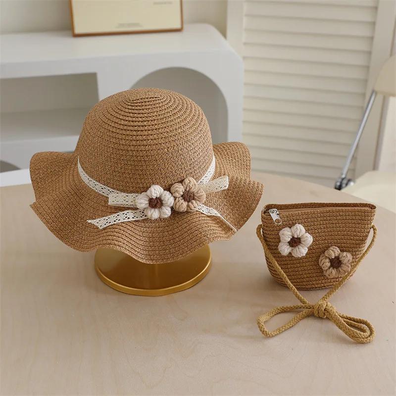 3D Flower Girls Straw Hat and Crossbody Bag Set Lace Bow Wide Brim Fisherman Cap Summer Beach Accessories for Toddler Teens