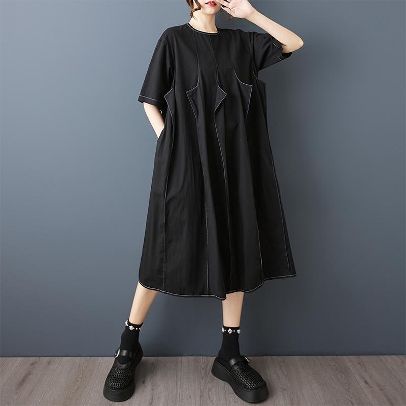 Dimanaf New 2025 Plus Size Summer Dress Women Basic Black Casual Short Sleeve Dress Loose Long Dress