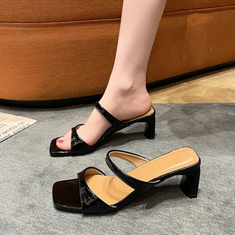 2026 New Sexy High Heels Fashionable Solid Color One-line Straps Large Size Square Toe Sandals Women's Casual Party Slippers