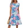 Women's Casual Fashion Round Neck Pleated Short Sleeve Floral Print A-Line Midi Dress