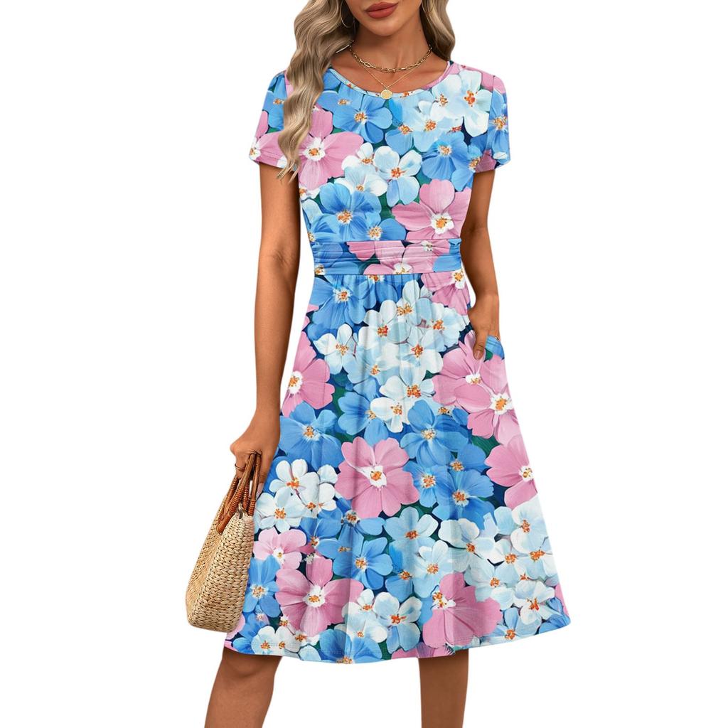 Women's Casual Fashion Round Neck Pleated Short Sleeve Floral Print A-Line Midi Dress