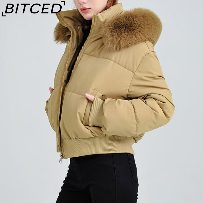 BITCED High-Waisted Oversized Fur-Trimmed Hooded Cropped Cotton Jacket for Women Autumn/Winter Down-Filled Cotton Jacket Slim-Fit Jacket Outerwear