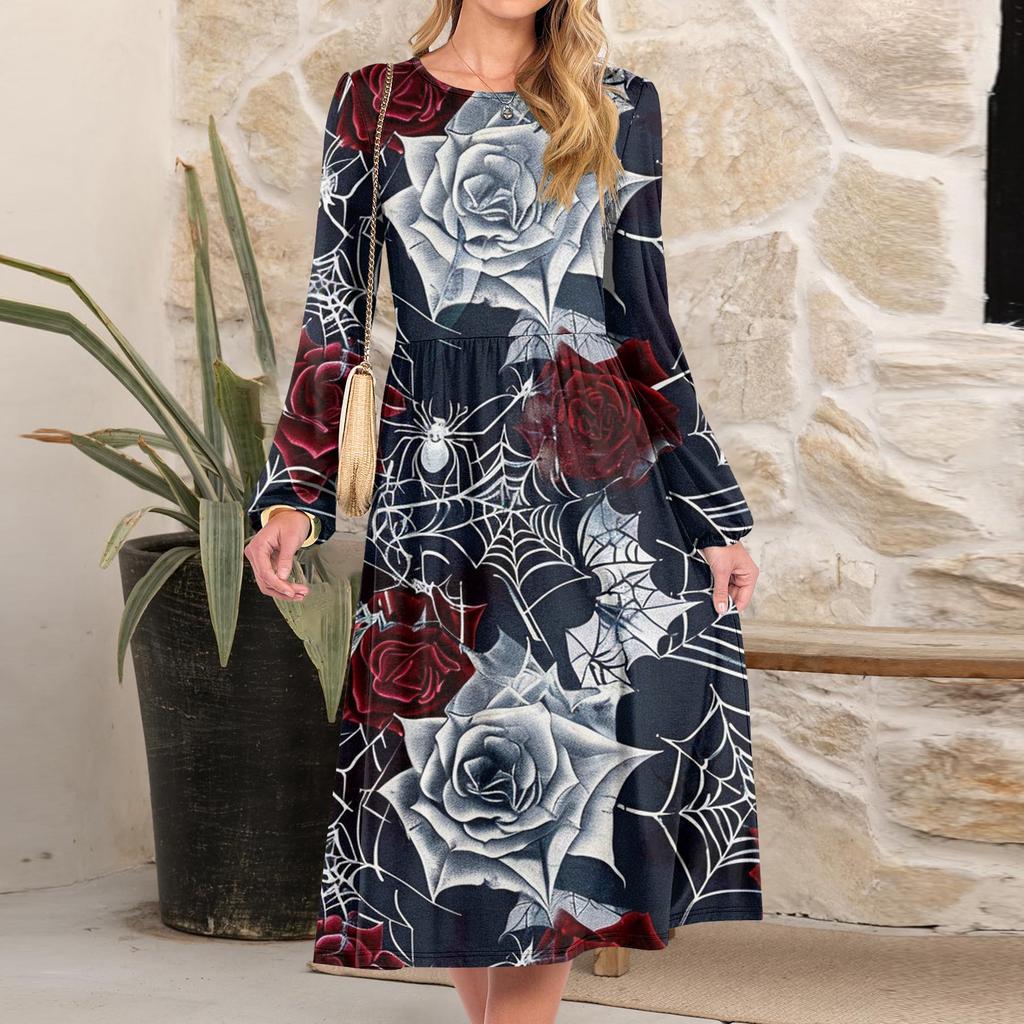 Women's Fashionable Loose Halloween Printed Round-neck Dress
