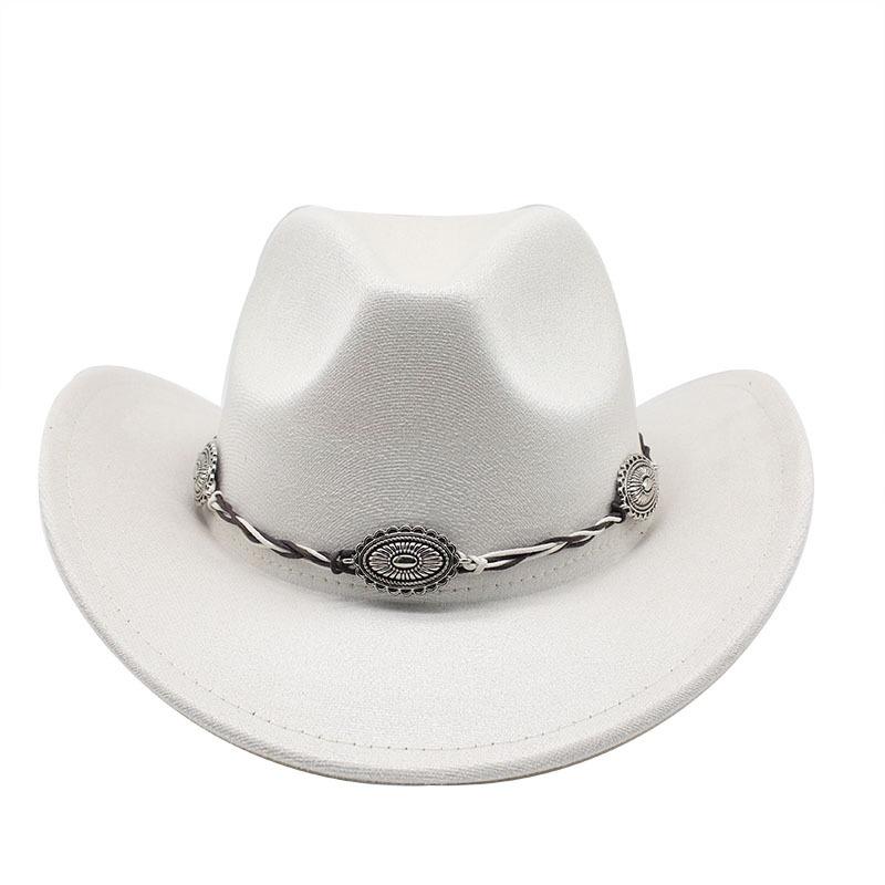 Semišový Upturned Edge Western Cowboy Klobouk Muži a ženy Outdoorový cestovní klobouk Rolled Brim Etnický styl Cylindr Plstěný klobouk