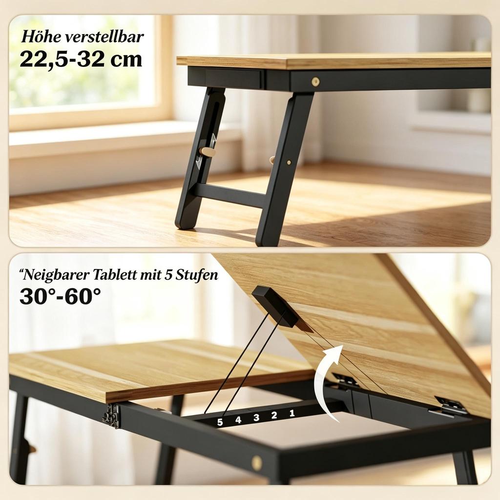 Laptop Table with Height and Angle Adjustment, Folding Table with Tilt Function and Drawer, Multifunctional Bed Table (only with 1pc Bed Table)