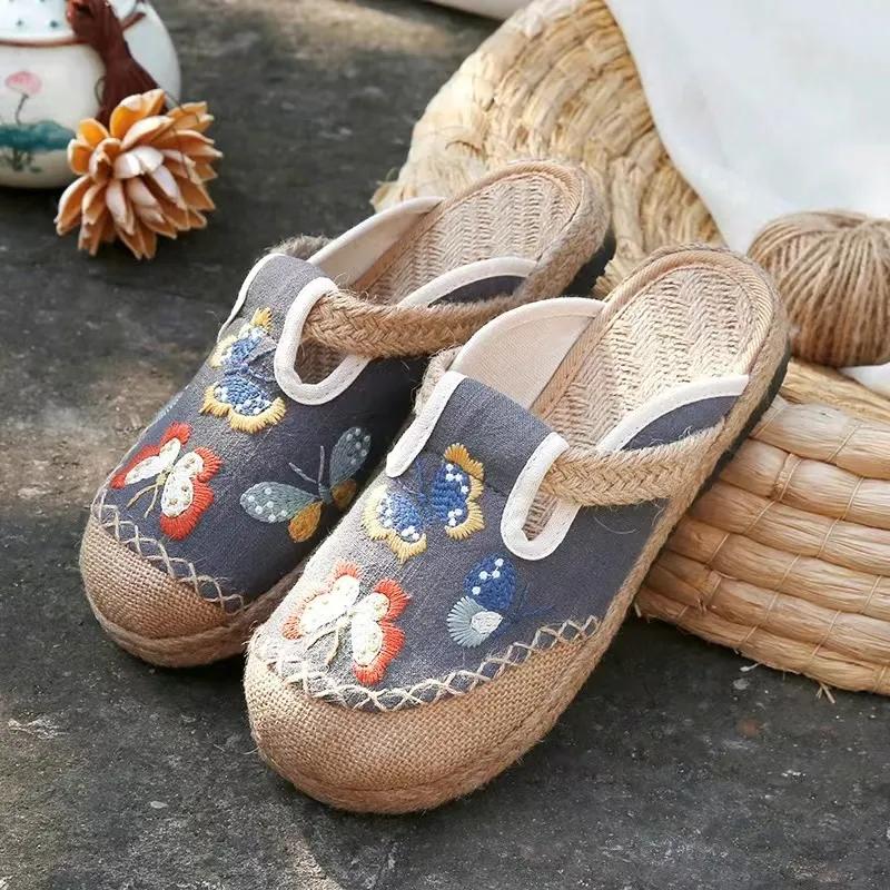 

Summer Women s Slippers Casual Linen Handmade Embroidery Mules Flat Slippers Retro Ladies Canvas Comfortable Espadrille Shoes 40 серый
