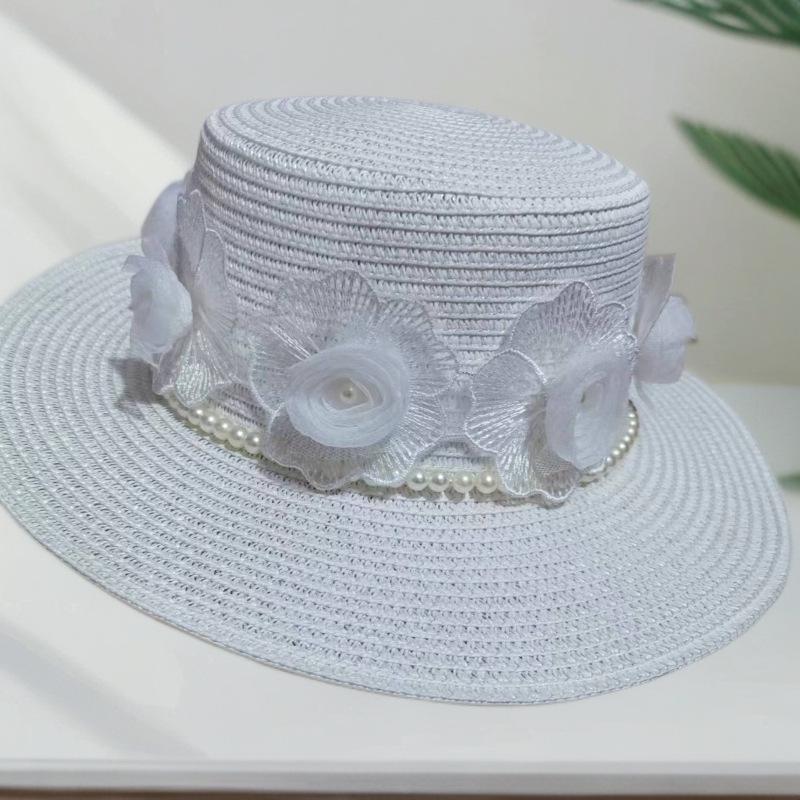 Women s Retro Pearl-Embellished Flat-Top Sun Hat M (56-58cm)