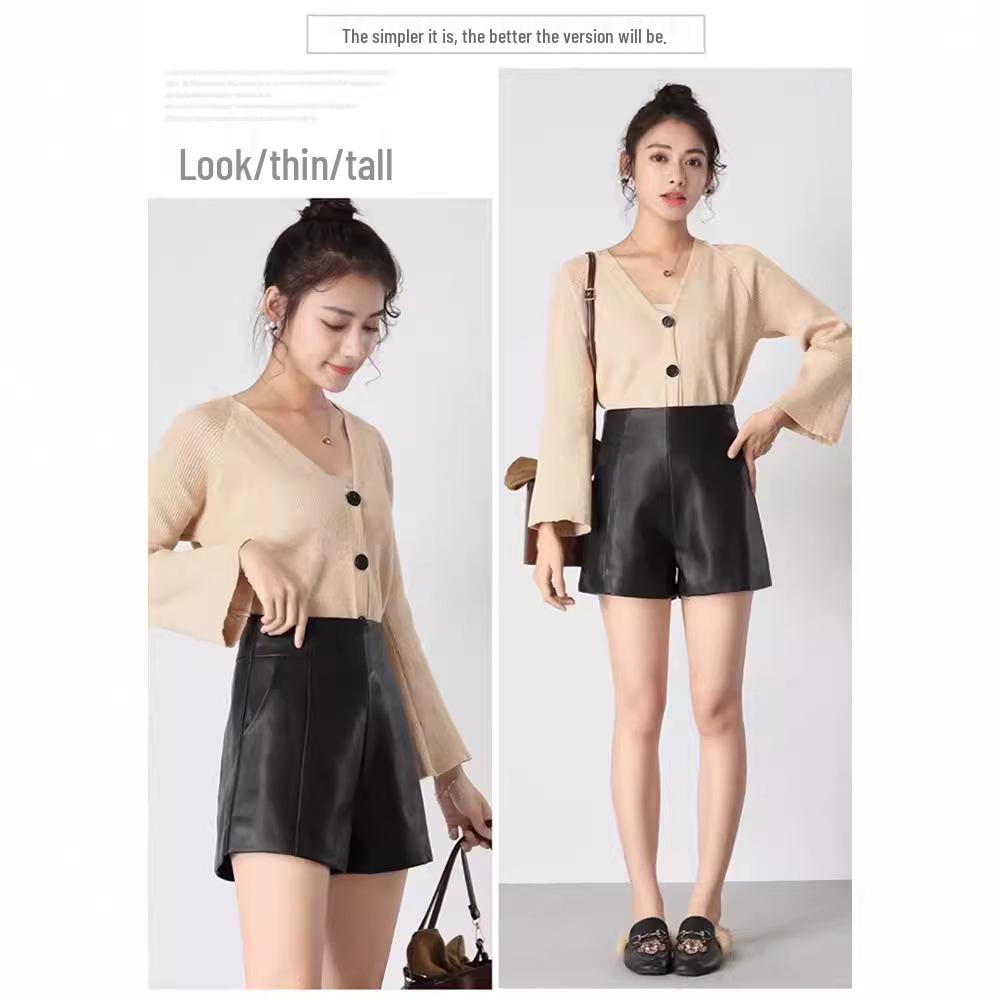 2023 Autumn Black High-Waist Leather Shorts for Women - Slimming, A-Line, Loose-Fit Wide Leg Design