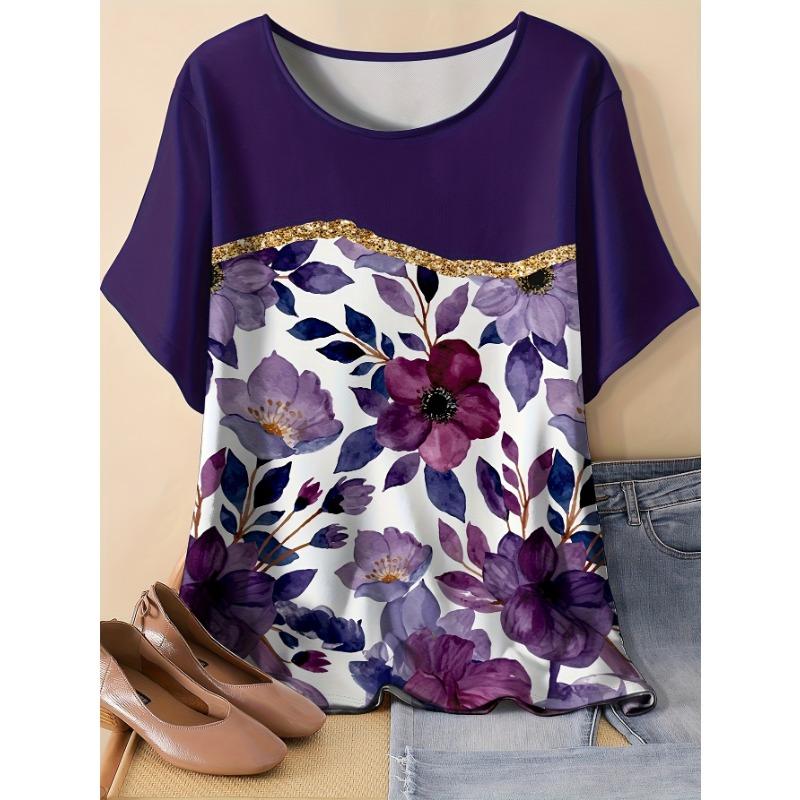 

Summer personalized women s directional contrasting color floral all-over printed round neck T-shirt short-sleeved top S