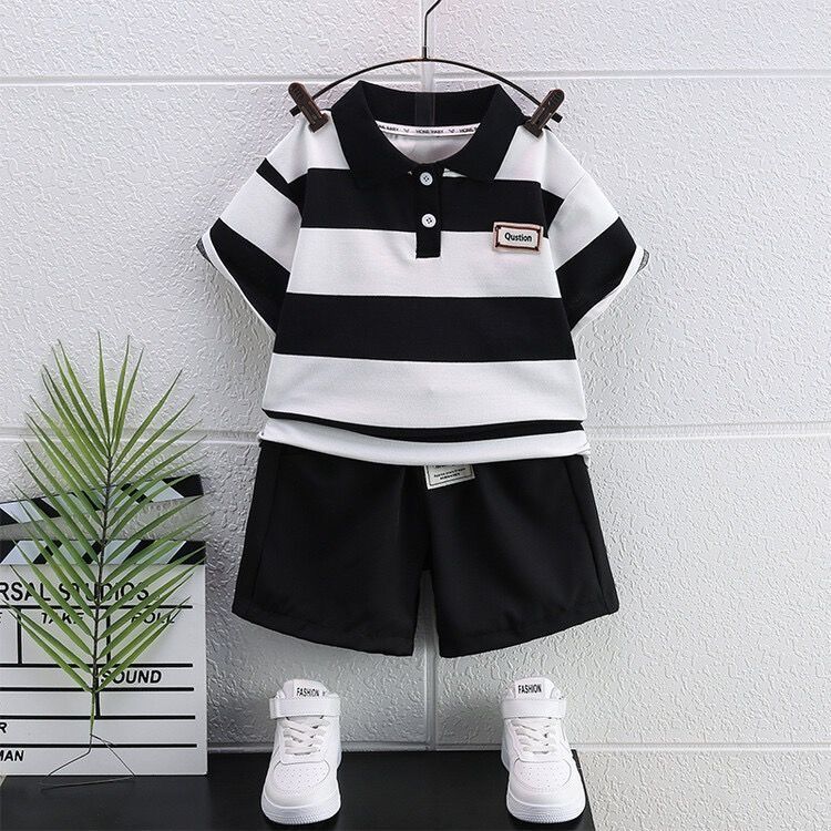 

Летний комплект из двух предметов для мальчиков, летняя одежда, детский комплект с короткими рукавами, модный корейский стиль и красивый 120 чёрный