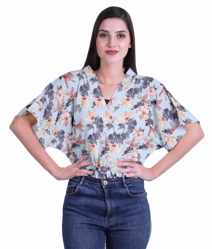 Moomaya Printed Boxy Sleeve Tops For Women V-Neck Elastic WaistA  Kimono Top