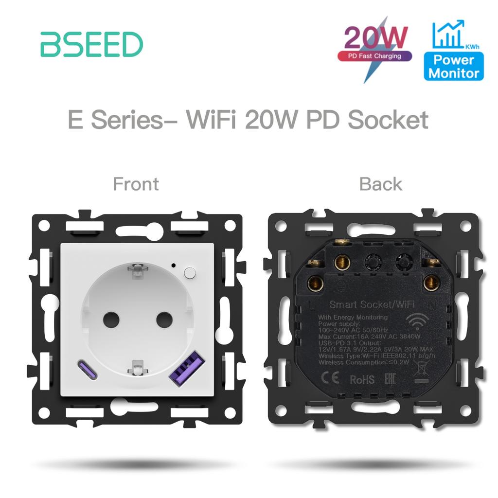 BSEED WIFI Switches Module Glass Panel USB C Phone Charge Socket Port Smart Touch Switches Function Key EU Sockets Parts