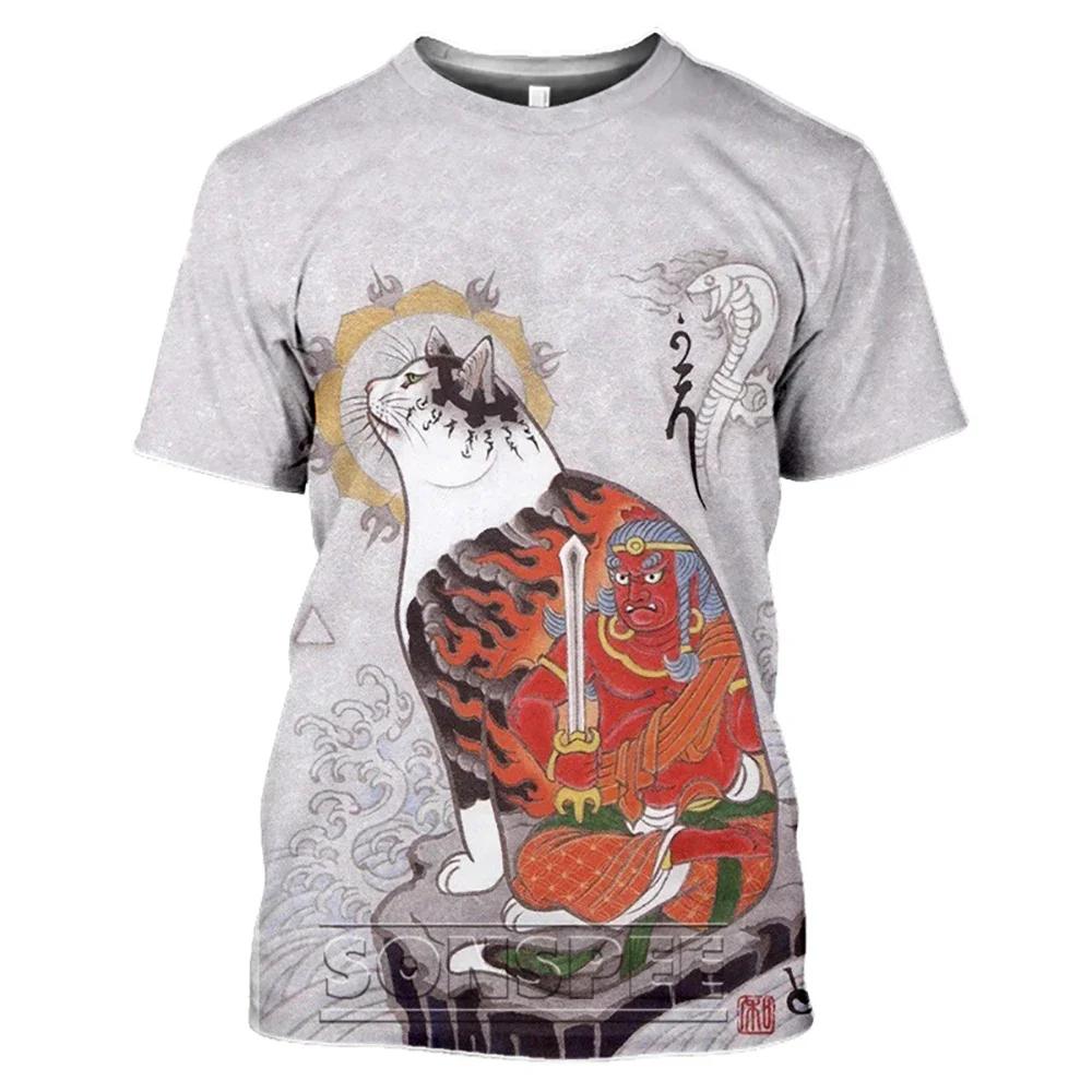 Neue Mode Vintage T-Shirt Samurai Katze Tattoo Shirt Herren 3D Cooler Druck Kunst Klassisches Shirt Sommer Trend T-Shirt