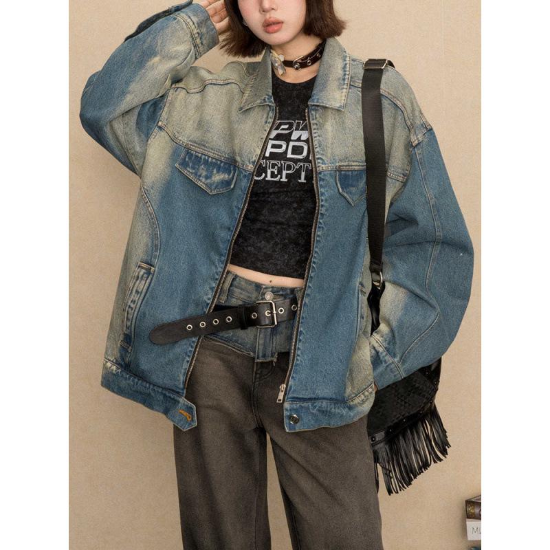 Y2K Vintage Distressed Denim Jacket for Women - 2025 Spring/Autumn Loose Trendy Style