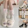 Women Aesthetic Ribbed Knit Stretch Leg Warmer Japanese Boot Cover Sweet Ruffled Lace Trim Bows Leg Sleeve Long Socks