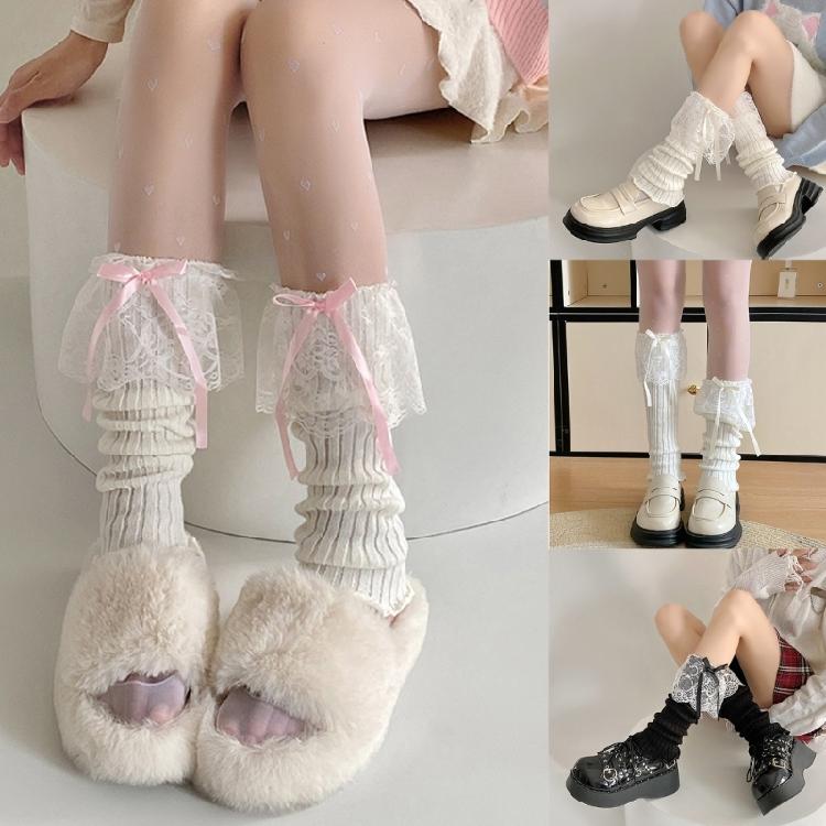 Women Aesthetic Ribbed Knit Stretch Leg Warmer Japanese Boot Cover Sweet Ruffled Lace Trim Bows Leg Sleeve Long Socks