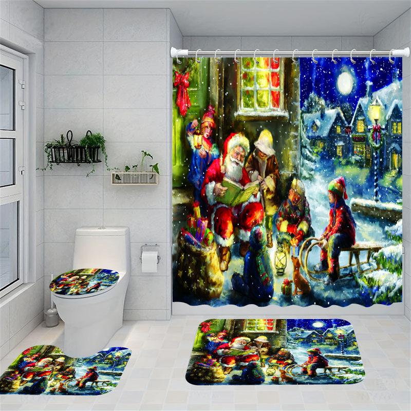 Christmas Series Shower Curtain Digital Printing Bathroom Shower Curtain Four-Piece Polyester Shower Curtain