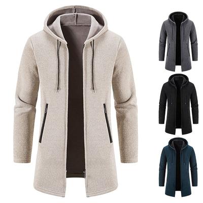 Winter Herren Plüsch Dick Mittel Lang Strickjacke Gestrickter Pullover Reißverschluss Cardigan Kapuze