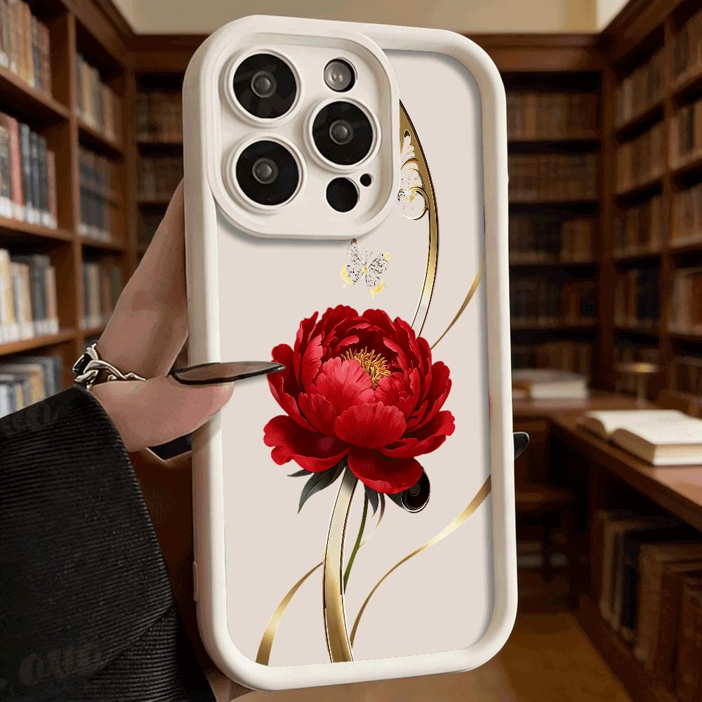 Red Peony Golden Swirls Luxury Anti-Slip TPU Phone Case For Xiaomi Redmi Note 15 14 13 12 11 10 9 Pro Full Protective Cover