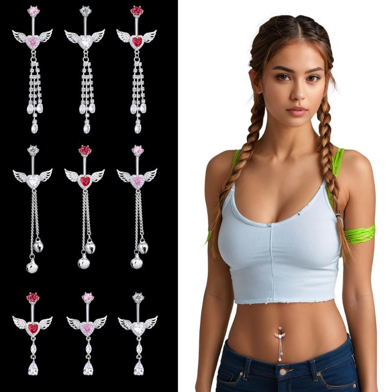 Wing Heart Belly Button Rings Shiny Inlay Dangle Hypoallergenic Steel Navel Piercing For Beach Parties Daily Wear