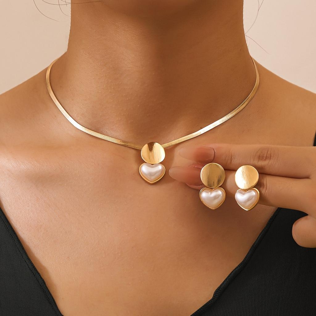 1 Set European and American Fashion All-Match Metal Geometry Circle Women's Necklace Earrings Jewelry Suit Daily Wear