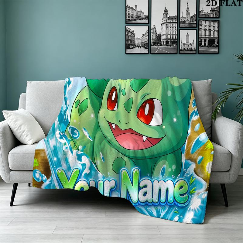 Custom Name,Bulbasaur Printed Flannel Blanket, soft throw for bedroom sofa, washable, Christmas present, great gift.