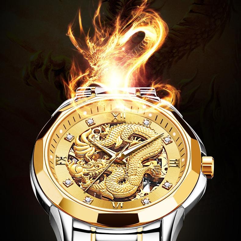 JINSHIDUN Brand Watch Automatic Mechanical Watch Tuhao Gold Dragon Watch Waterproof Glow-in-the-dark Men's Watch