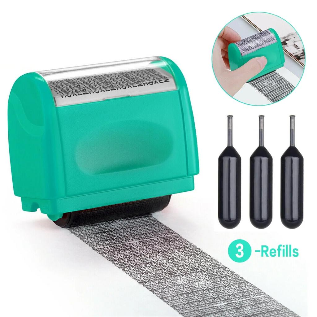 Identity Theft Protection Roller Stamps Refillable Guard Your ID Privacy Confidential Data Wide Security Stamp Roller with 3 Ink Refills Green