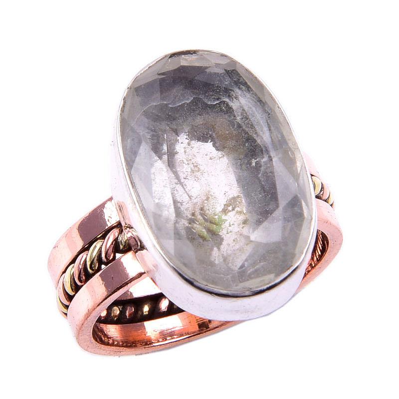 Natural Crystal Quartz Gemstone 925 Solid Silver TwoTone Gift Ring 6.5US U4J52