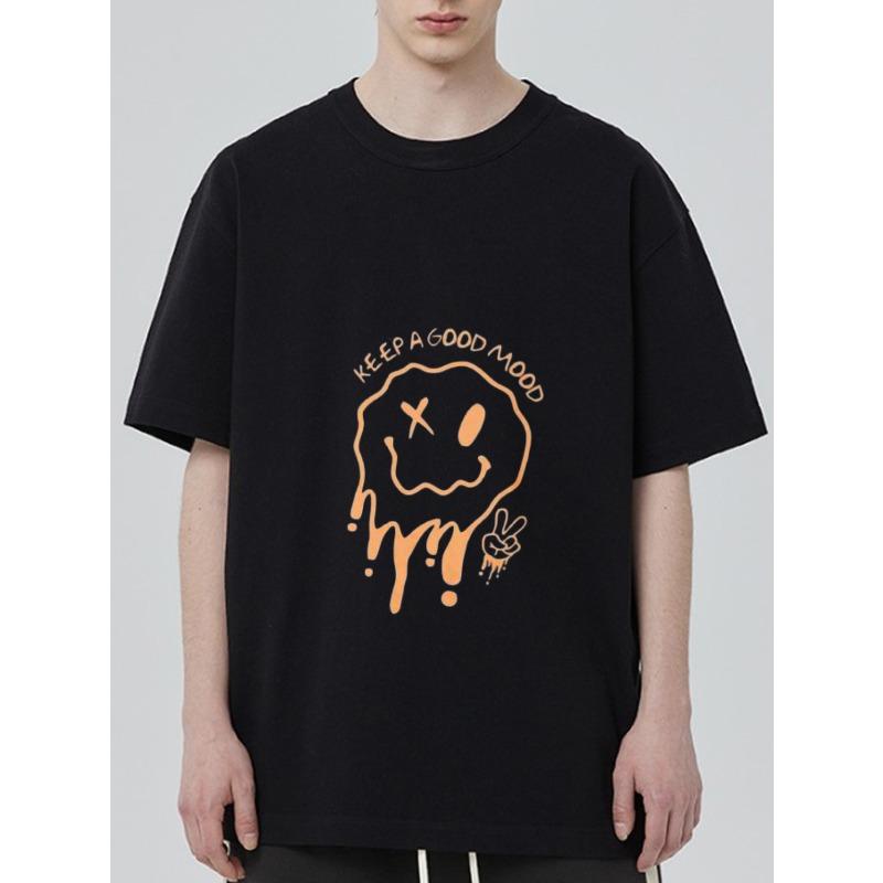 

Black T Shirt with Orange Dripping Smile Face and Keep A Good Mood Text for Casual Wear XXXXL чорний