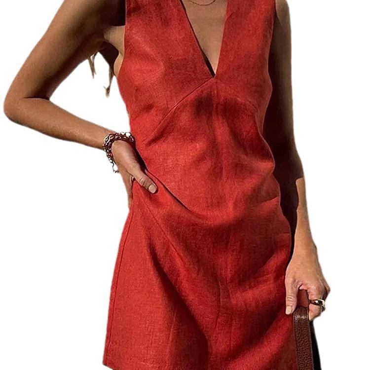 Women V Neck Sleeveless Mini Dress Casual Solid Color Summer Dress