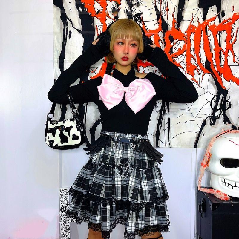 Gothic Mini Skirt  Preppy Style Skirts Women Chic Japanese  High Waist A-line Summer Plaid Patchwork Lace Skirt