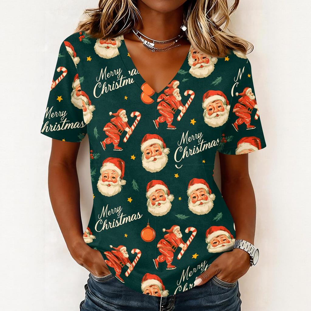 Women's Casual Short Sleeve V-Neck Christmas Print Pullover Top