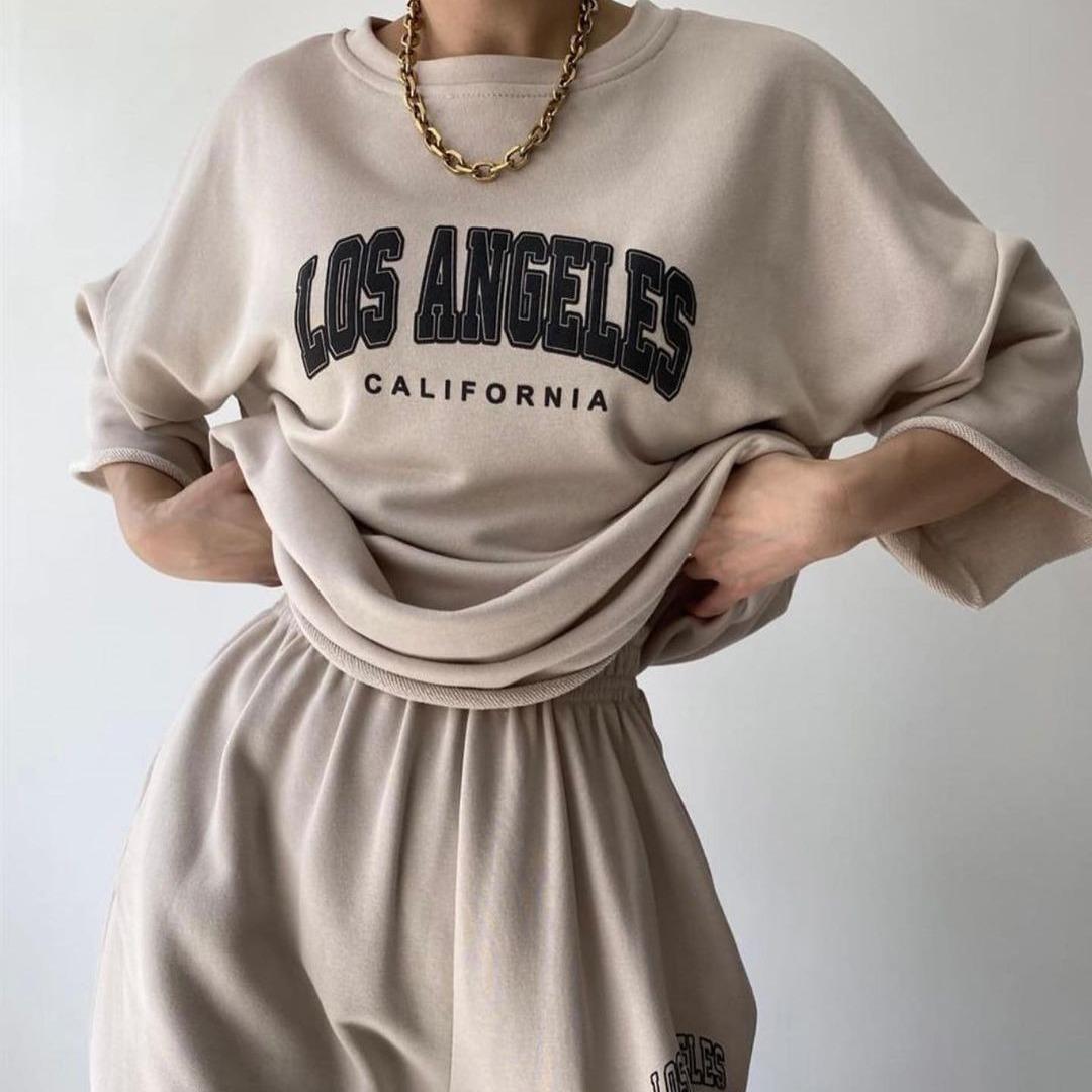 

BITCED Женская повседневная толстовка с короткими рукавами и брюками с принтом, костюм-двойка L абрикосовый