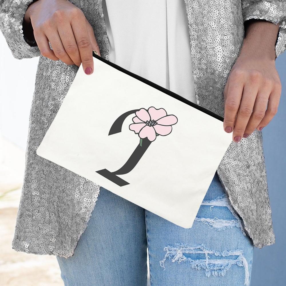 

Pink Flower Alphabet A-Z Canvas Zipper Cosmetic Bag Green Plants Cartoon Print Makeup Bag Outdoor Travel Toiletries Storage Bags