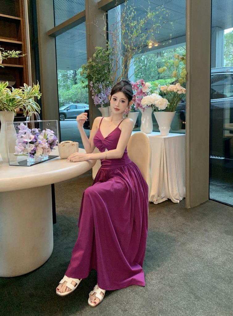Summer new suspender skirt pure desire wind careful machine hollow chic photo vacation Muse dress purple skirt