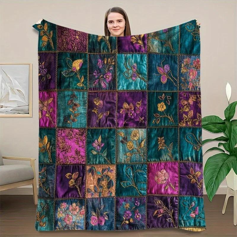 1pc Throw Blanket Vintage Floral Plaid Print Soft Warm Blanket All Season Blankets for Sofa Bed Office Travel Home Decor Gift