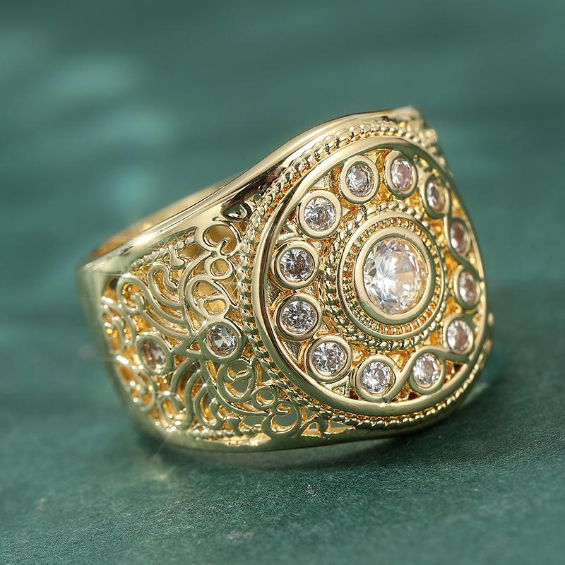 Exquisite Inlaid White CZ Women's Ring Dazzling Gold Color Hand Carving Daily Wear Party Jewelry Anniversary Gift