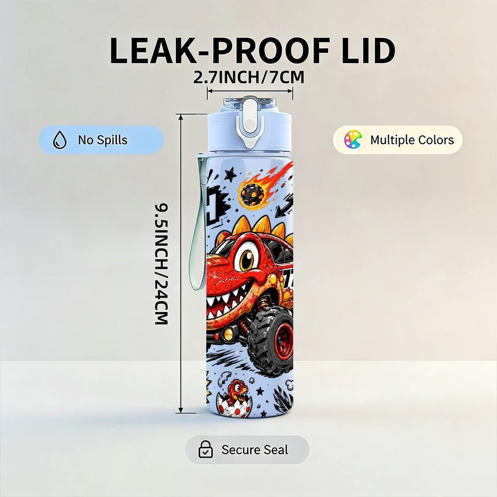 1PC Monster Truck Fire Burst Art 750ml Color Plastic Sports Water Bottle Leakproof Flip Straw Lid Suitable for Sports Office Home Use