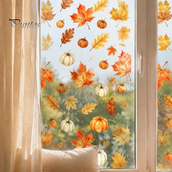 Removable Holiday Glass Stickers Watercolor Fall Static Window Clings Maple Leaf & Pumpkin Stickers Autumn Reusable Cling Film Decal for Thanksgiving